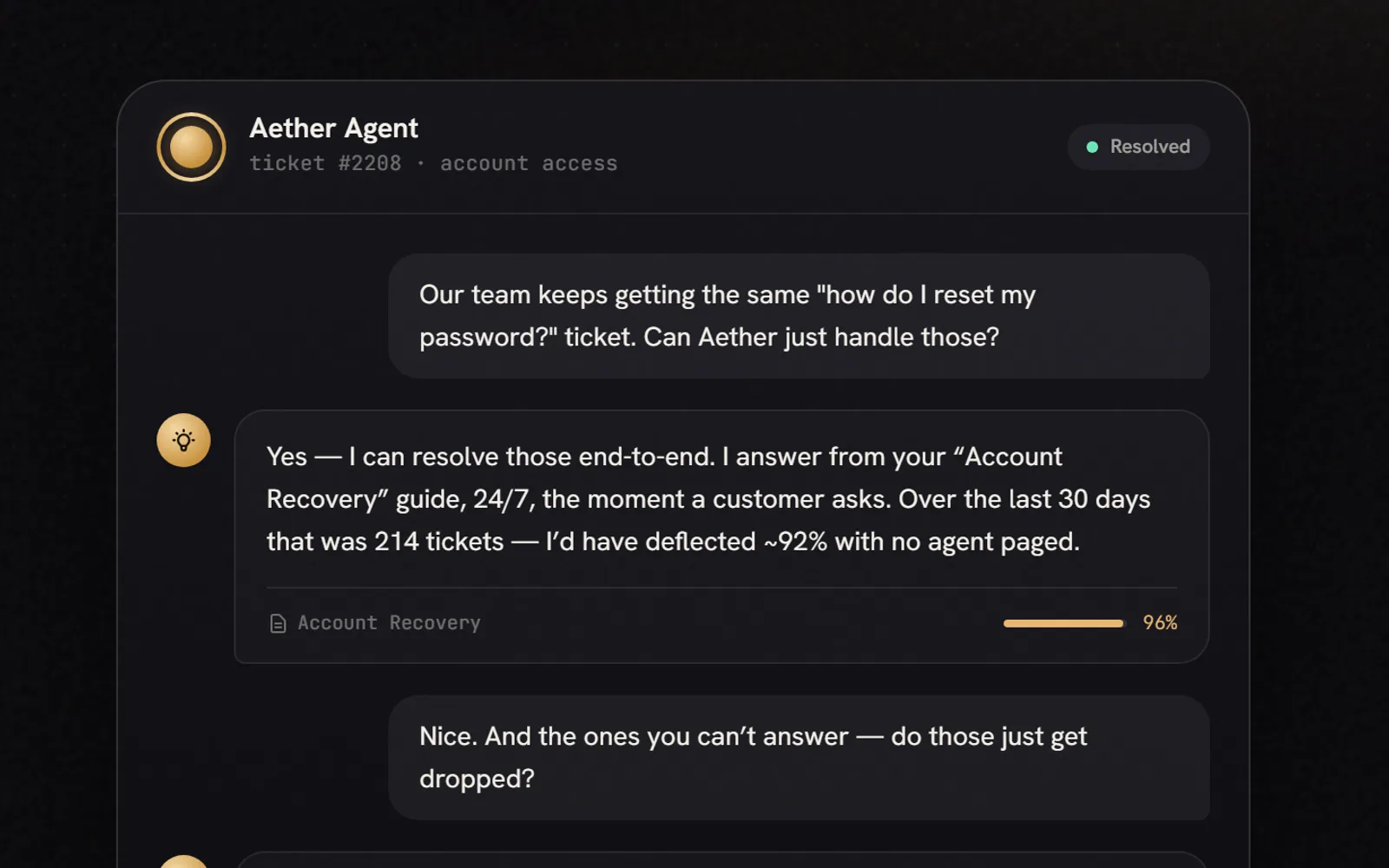 Aether AI Support product interface